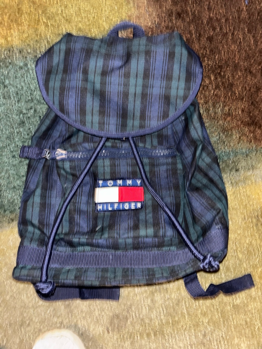 Tommy Hilfiger Navy and Green Plaid Drawstring Backpack